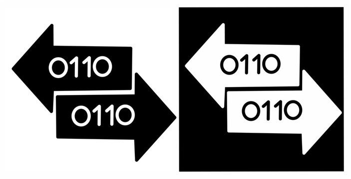 Minimal data transfer icon with opposite arrows and binary digits in positive and negative styles. Clean vector for sync, exchange and networking.