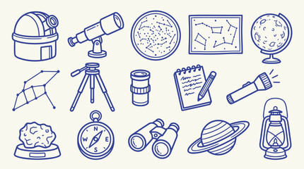 Collection of hand-drawn astronomy icons and equipment for stargazing and space exploration. © zainab