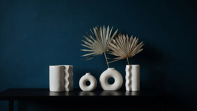 Contemporary white sculptural vases with dried palm fronds on dark background