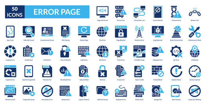 Error Page Fill Icon Set. Error, Warning, Alert, Problem, Issue, Failure, Crash