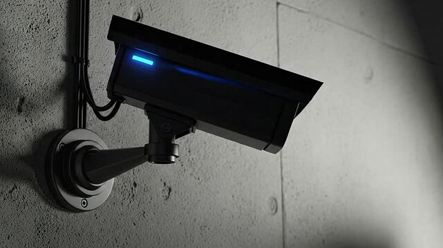 A modern security camera is mounted on a textured concrete wall for surveillance purposes