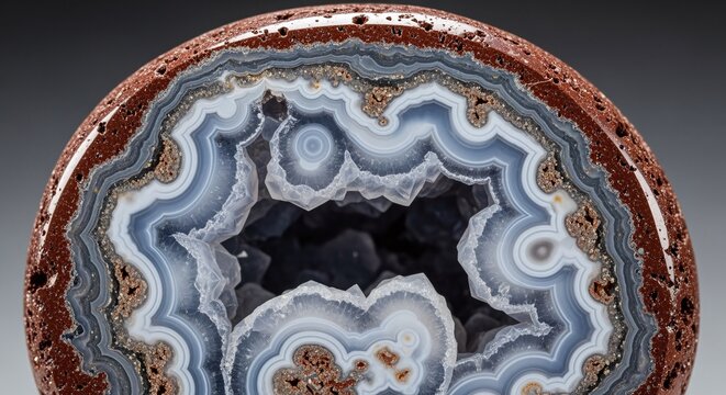 Close-up of a striking agate geode revealing intricate concentric layers of blue, white, and brown crystal formations.