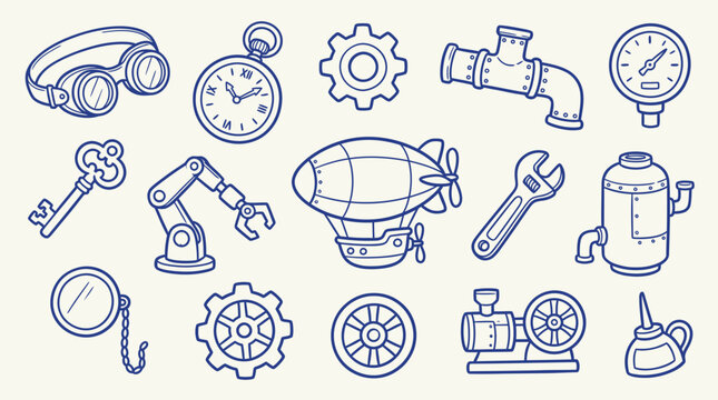 Collection of Steampunk-themed icons and illustrations, including goggles, airship, and mechanical parts.