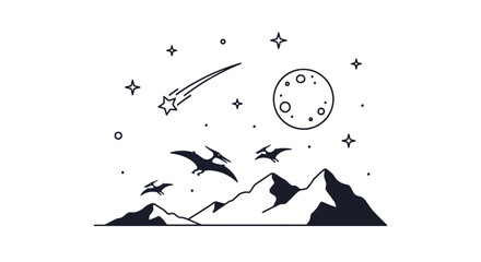 Pterodactyls flying over mountains under a starry night sky © oky