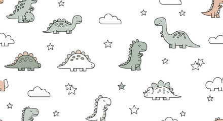 Cute seamless pattern with dinosaurs clouds and stars © oky