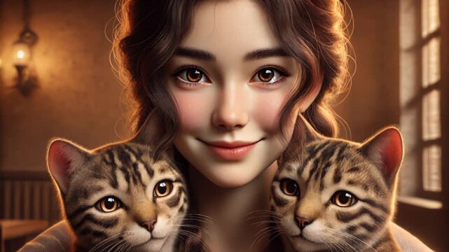 Video of young girl holding two cats while smiling gently at the camera in a heartwarming portrait.