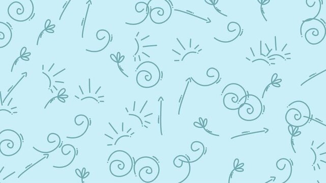 Blue repeated doodle suns swirls flowers arrows pattern for minimalist designs suitable for backgrounds, textiles, stationery, and digital graphics.