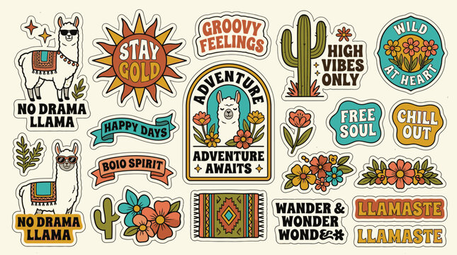 Retro sticker collection featuring llamas with sunglasses, cacti, and floral motifs. Includes slogans like No Drama Llama, Stay Gold, and Llamaste. Vintage 70s aesthetic in warm earth tones.