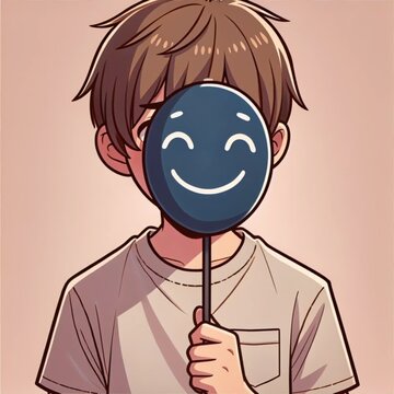 Animated cartoon sad boy holding a smiling face mask, symbolizing hidden emotions, identity, and mental health.