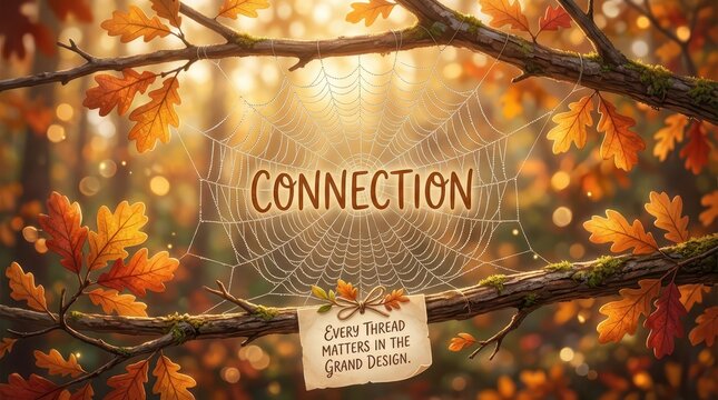 Autumn forest connection concept: dew-covered spider web with the word 'CONNECTION' and quote on paper
