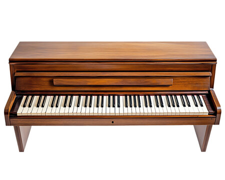 A classic wooden upright piano keyboard isolated on transparent background