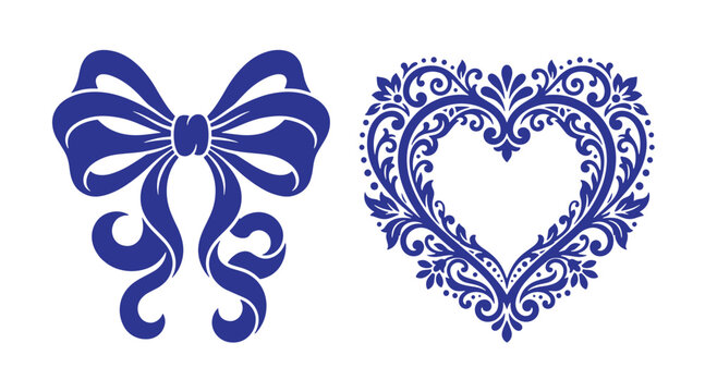 Decorative gift bow and ornate heart frame illustration with decoration ornament romantic valentine celebration anniversary decorative giftwrap