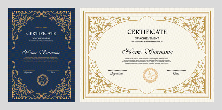 Vintage certificate of achievement template with horizontal, vertical layouts. Multipurpose retro design with ornate ornaments. Vector illustration for diploma, graduation, professional recognition