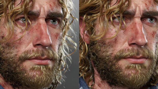 Wounded man with bloody face and beard looks away in a cinematic close up