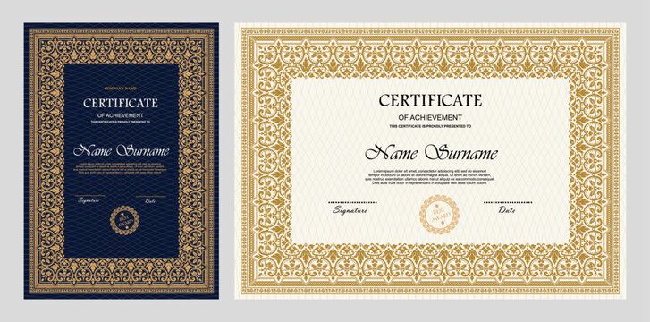 Vintage certificate of achievement template with horizontal, vertical layouts. Multipurpose retro design with ornate ornaments. Vector illustration for diploma, graduation, professional recognition