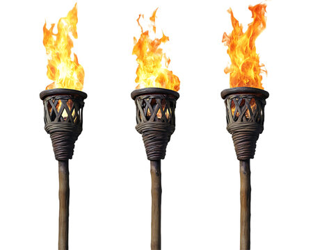 Set of three decorative tiki torches with fire isolated on transparent background