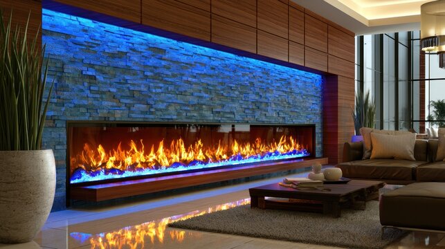Modern fireplace with blue LED lighting and stone wall.