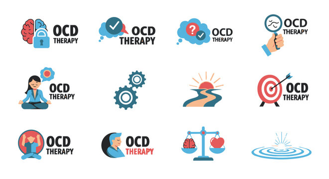 Clean, scalable vector icons and symbols representing ocd therapy, featuring a brain with lock, checkmarks, thought bubbles, magnifying glass, meditating person, gears, serene