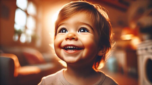 Video of a happy toddler smiling with bright eyes, capturing innocence, curiosity, and joyful childhood moments.