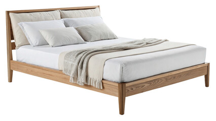 Naklejka premium Modern minimalist wooden double bed with comfortable white bedding isolated on transparent background cut out