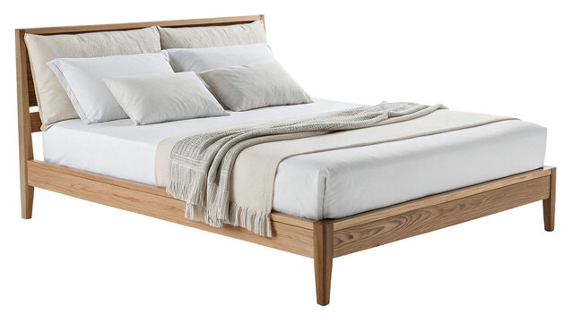 Modern minimalist wooden double bed with comfortable white bedding isolated on transparent background cut out