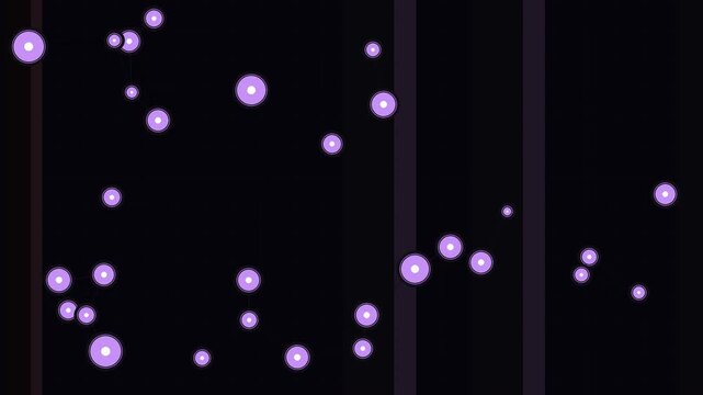 Futuristic abstract digital network connections with glowing purple nodes and interconnected lines, dynamically moving across a dark background alongside vertical timeline bars, symbolizing data flow.