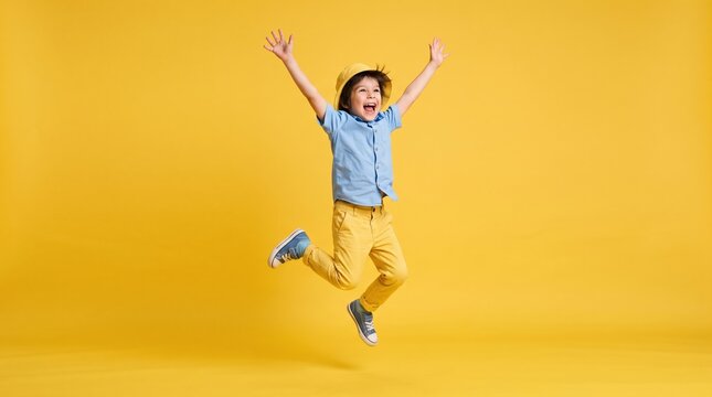Happy young boy wearing summer clothes jumping with joy on yellow background lifestyle background clothing cheerful
