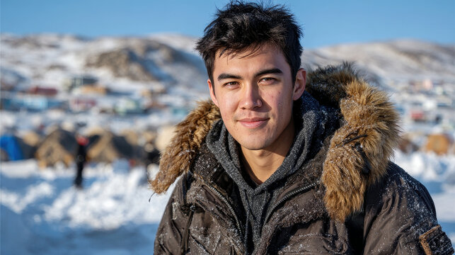 Young adult man in fur-lined parka with snow-dusted hair and jacket, looking at camera with slight smile in snowy arctic landscape