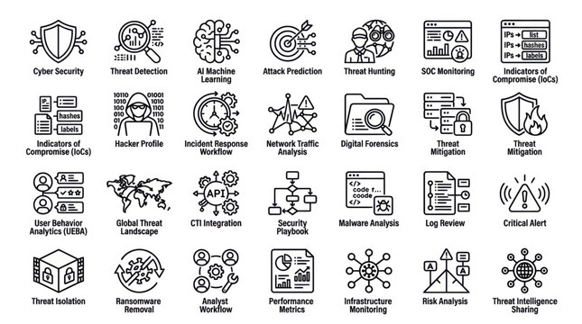 Black and white line icons illustrating various cybersecurity concepts and threat detection methods