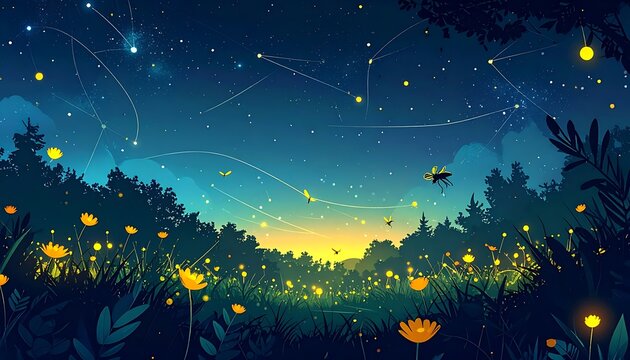 Nighttime forest fireflies lighting up forest scene.