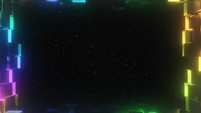 A glowing rectangular frame made of colorful neon cubes against a dark starry background