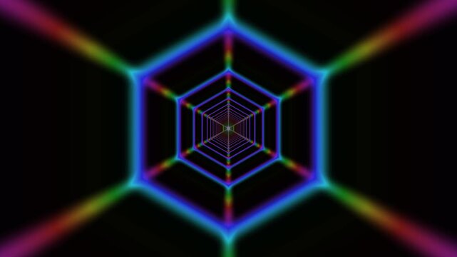 Neon hexagonal tunnel motion background video with infinite depth