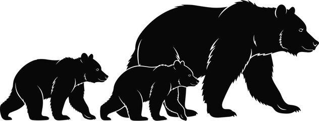 Black Bear Family Silhouette Collection Featuring Adult and Cubs Walking Wildlife Vector Illustration © Na Alo