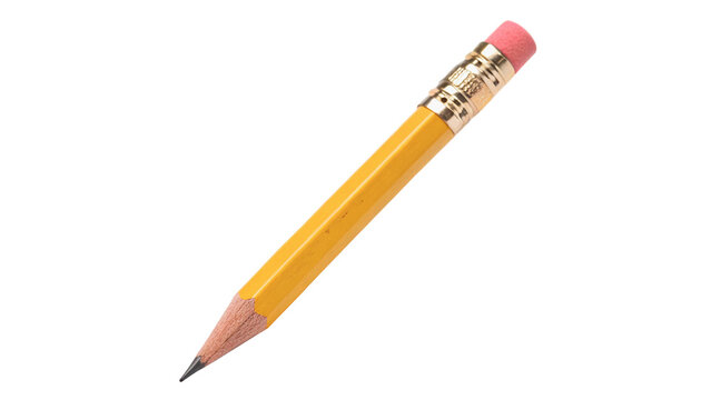 Classic yellow wooden graphite writing pencil with pink eraser isolated on transparent background cut out
