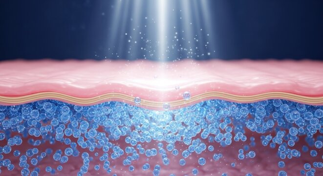 3d illustration of skin layers with hydrating serum particles penetrating the dermis