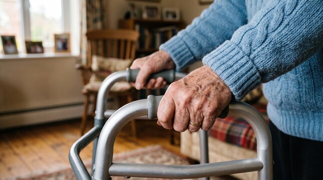 Elderly person holding onto metal walker frame for support while standing in living room with mobility, disability