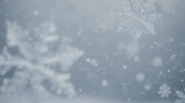 Close-up of Falling Snowflakes on Frosty Winter Window