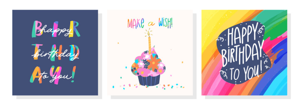 Set of lovely hand drawn birthday cards with fun typography and vibrant colors, universal artistic templates