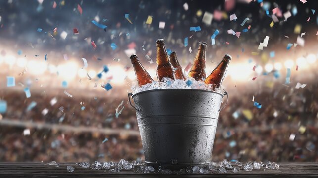 Ice-filled bucket with beer bottles at an event.