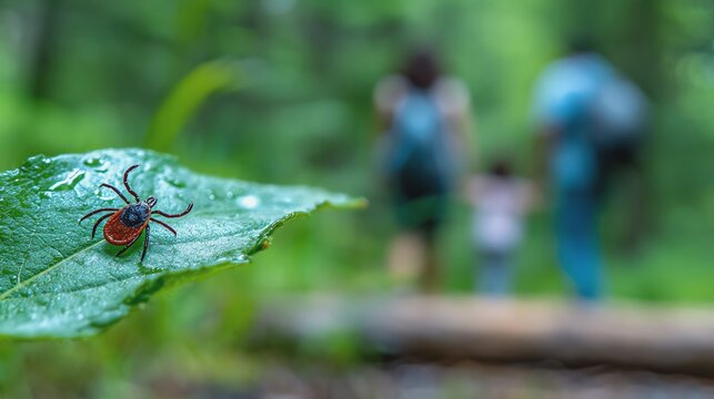 Tick on leaf in forest with family in background.