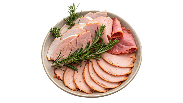 Plate of fresh sliced cold cuts prosciutto ham appetizers isolated on transparent background cut out