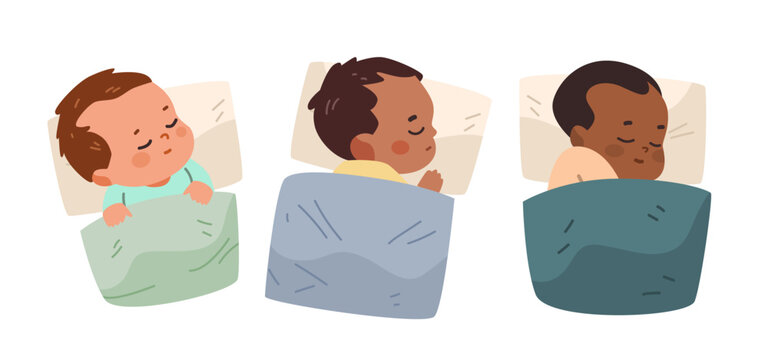 Sleeping babies diversity peaceful rest cute children lying in bed under blankets pastel colors white background nursery concept
