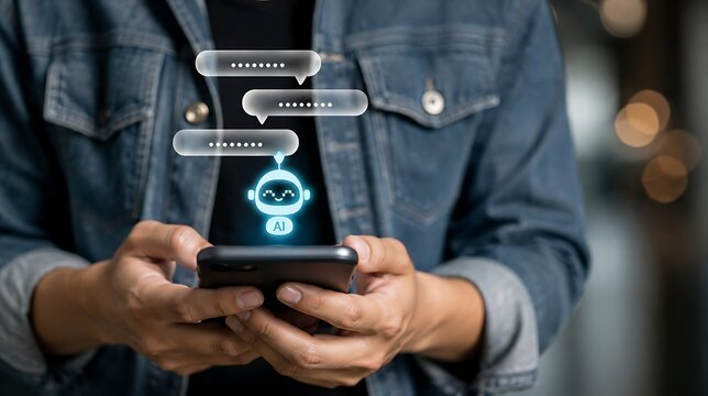Man holding smartphone with ai chatbot hologram and chat bubbles.