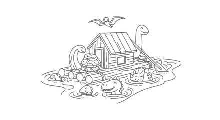 Prehistoric scene with dinosaurs around a floating log house © Syahrul
