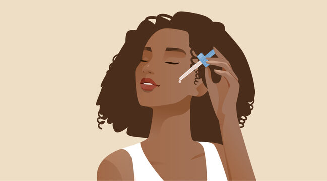 Woman applying facial serum skincare routine beauty wellness self-care dropper natural makeup curly hair neutral background