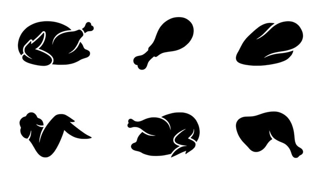 Chicken Parts Icons, Poultry Cuts Silhouettes, Vector Food Graphics, Restaurant Menu Elements