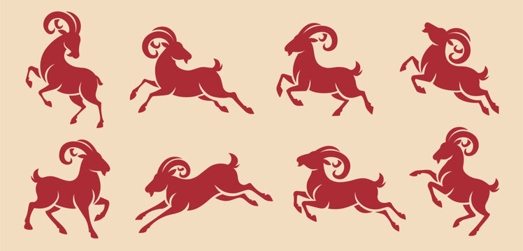 2027 Year of the Goat Collection of Red Chinese Zodiac Goat Silhouettes in Various Dynamic Running and Jumping Poses. Traditional Lunar New Year Vector Set Isolated on Light Background