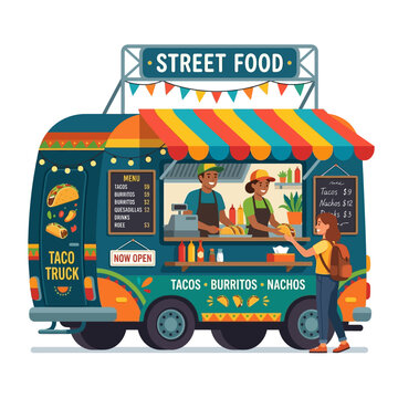 Vibrant Street Food Taco Truck with Customers and Colorful Awning