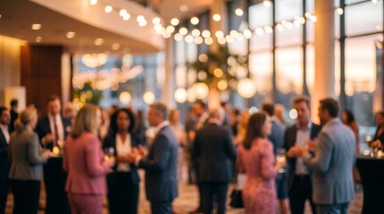 Fototapeta premium Group of business professionals networking at a formal evening corporate event with blurred bokeh lights and elegant atmosphere in a high end modern office space for industry leaders