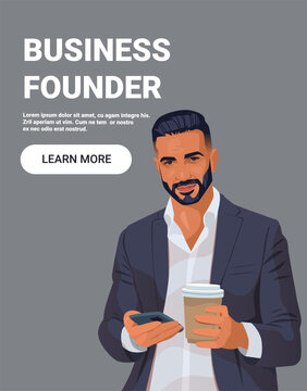 Business founder entrepreneur holding coffee smartphone confident man in suit on gray background modern corporate lifestyle website banner